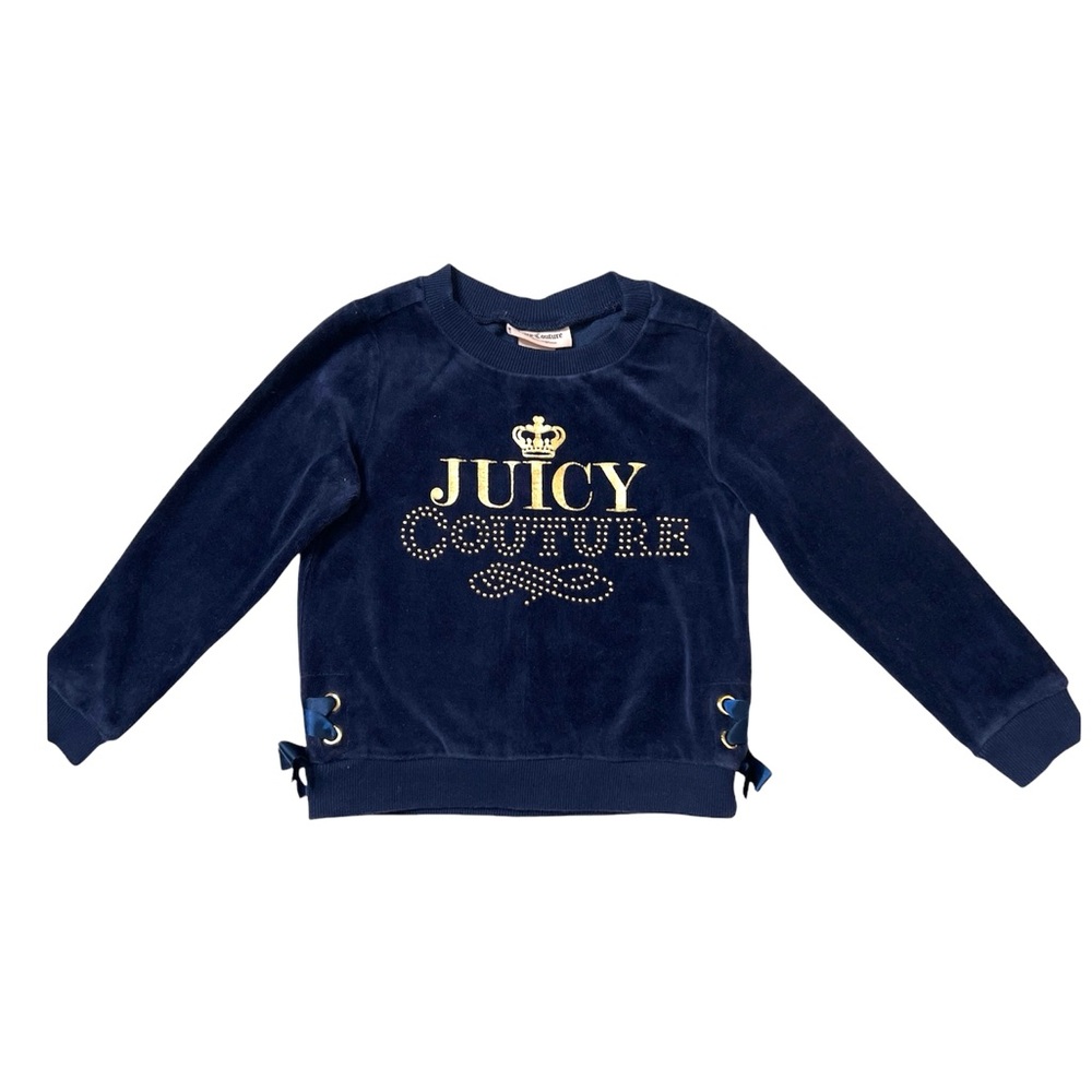 Juicy Couture Navy “Juicy Couture” Velour Graphic/Stones Sweatshirt Sz 4…